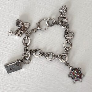 VTG Fossil Silver Charm Bracelet Turtle Letter in Envelope Lock Key Heart RARE